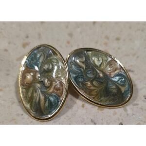 1980s Lava Swirl Large Cameo Oval Enamel Gold Brown Green Pink Pierced Earrings